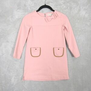 Hope & Henry Girls Sz 6 Pink Organic Cotton Shift Dress Bow Pockets Elbow Patch